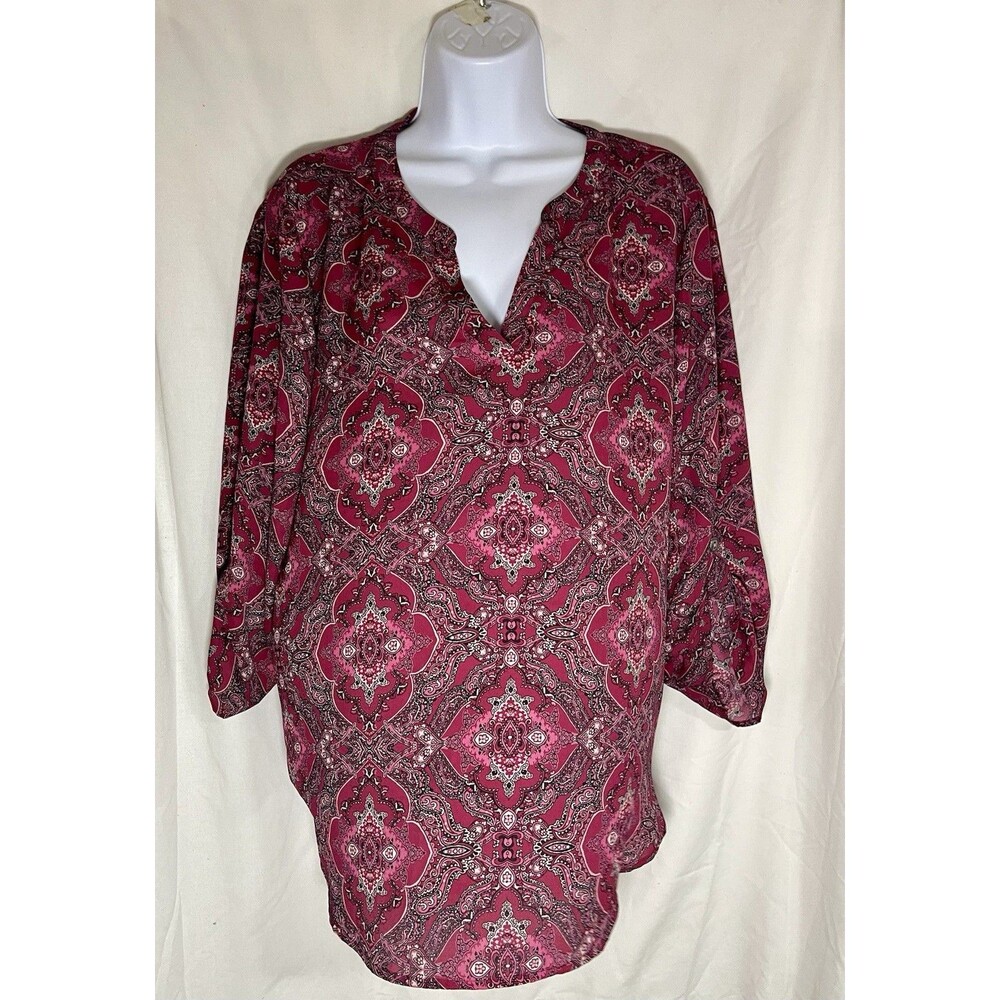 Maurices Women's XL Pink Paisley Boho Blouse Roll-Tab Sleeve V-Neck Tunic